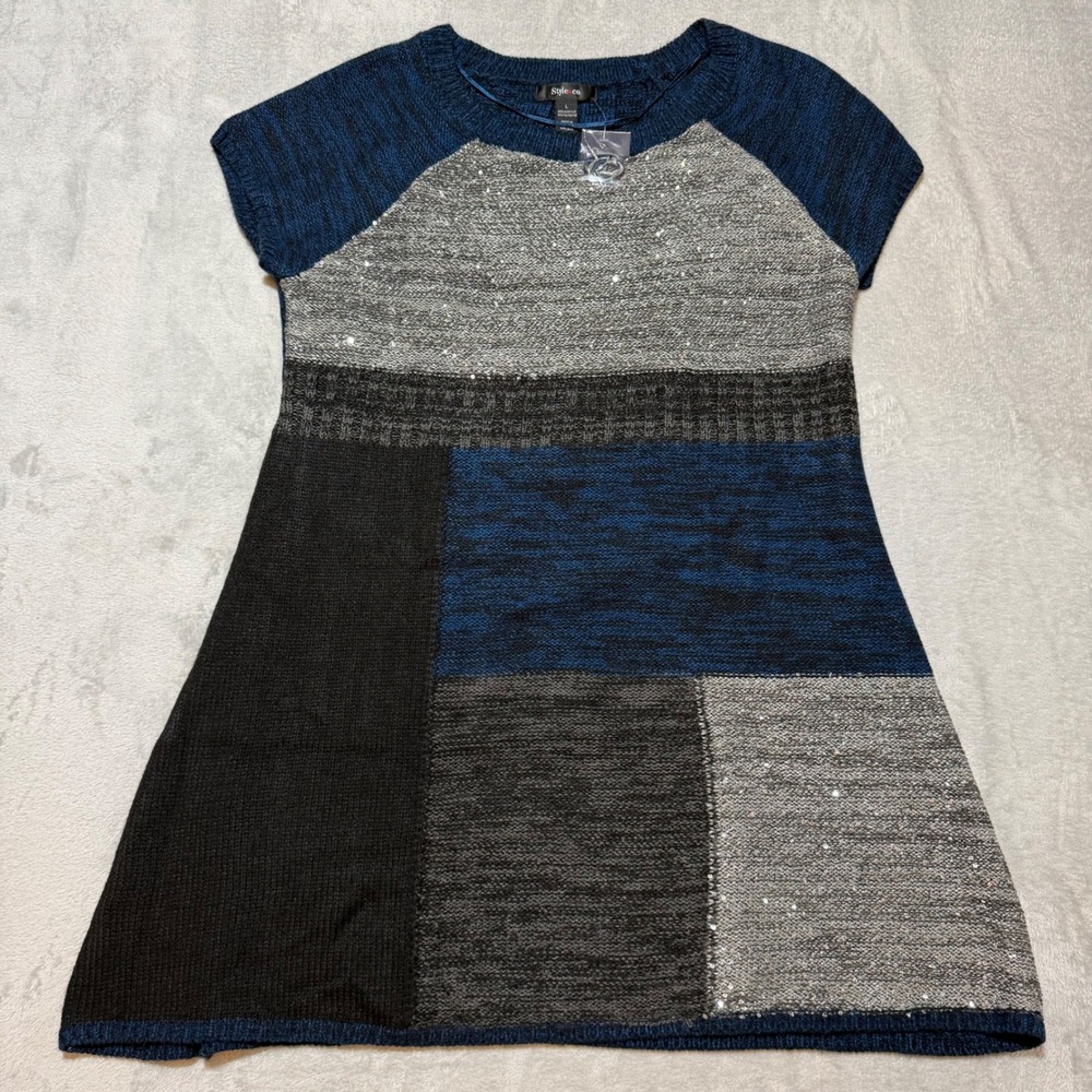 Style & Co Womens Colorblock Sequin Knit Tunic Sweater Blue Grey Black Large